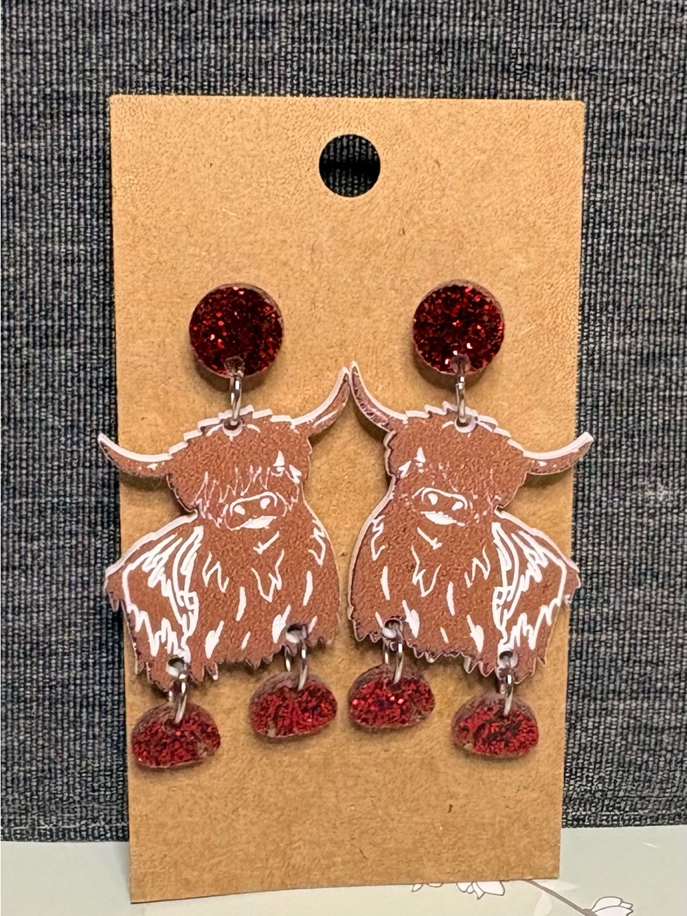 Brown Highland Cow Earrings with Red Glitter Accents